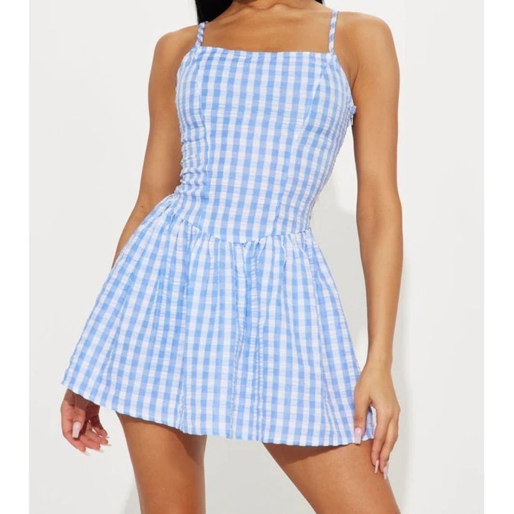 Fashion Nova Women's Julianna Gingham Micro Mini Dress - Blue - Size Medium